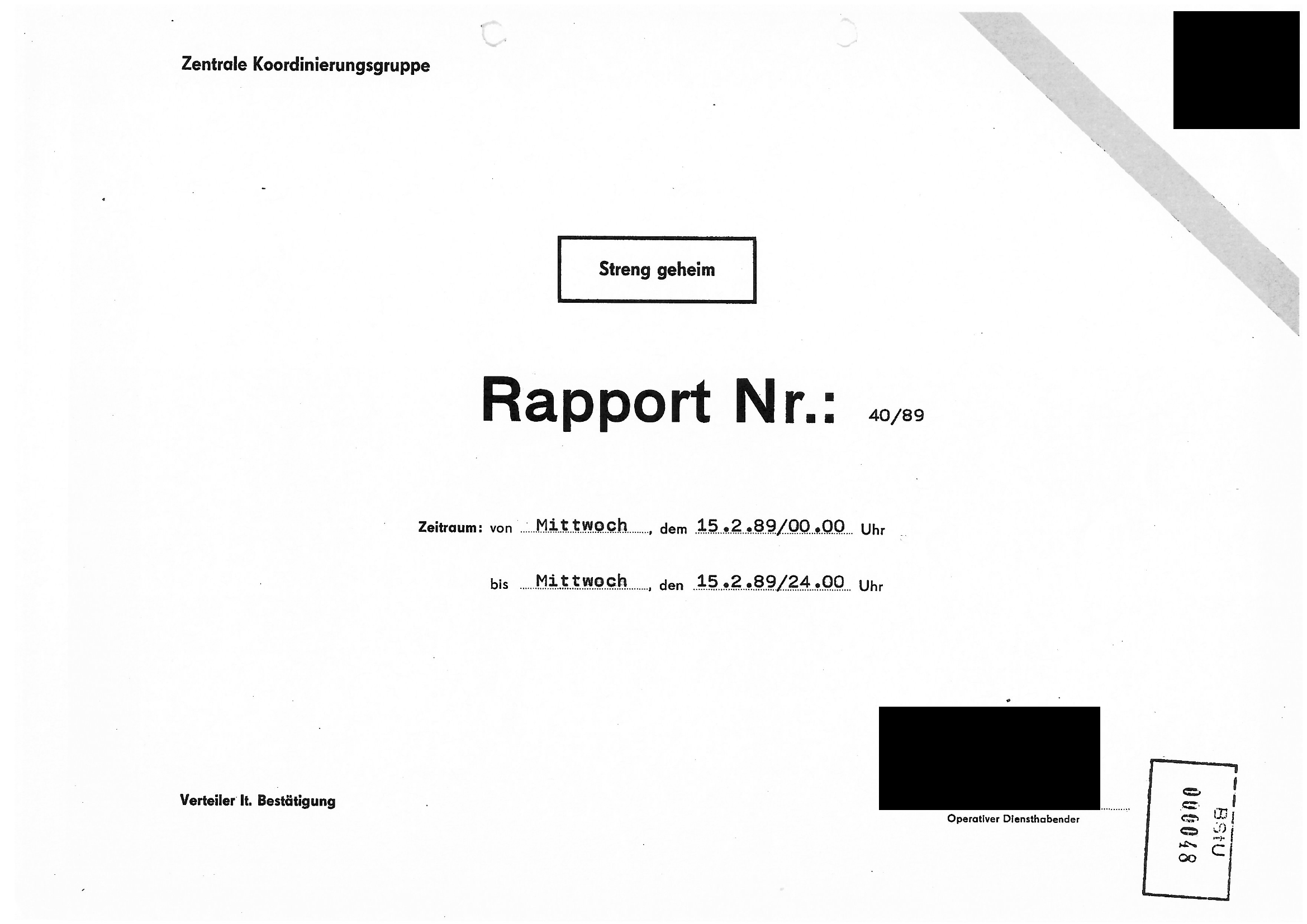 A Stasi 1989. február 15-i szigorúan titkos jelentésének címlapja
