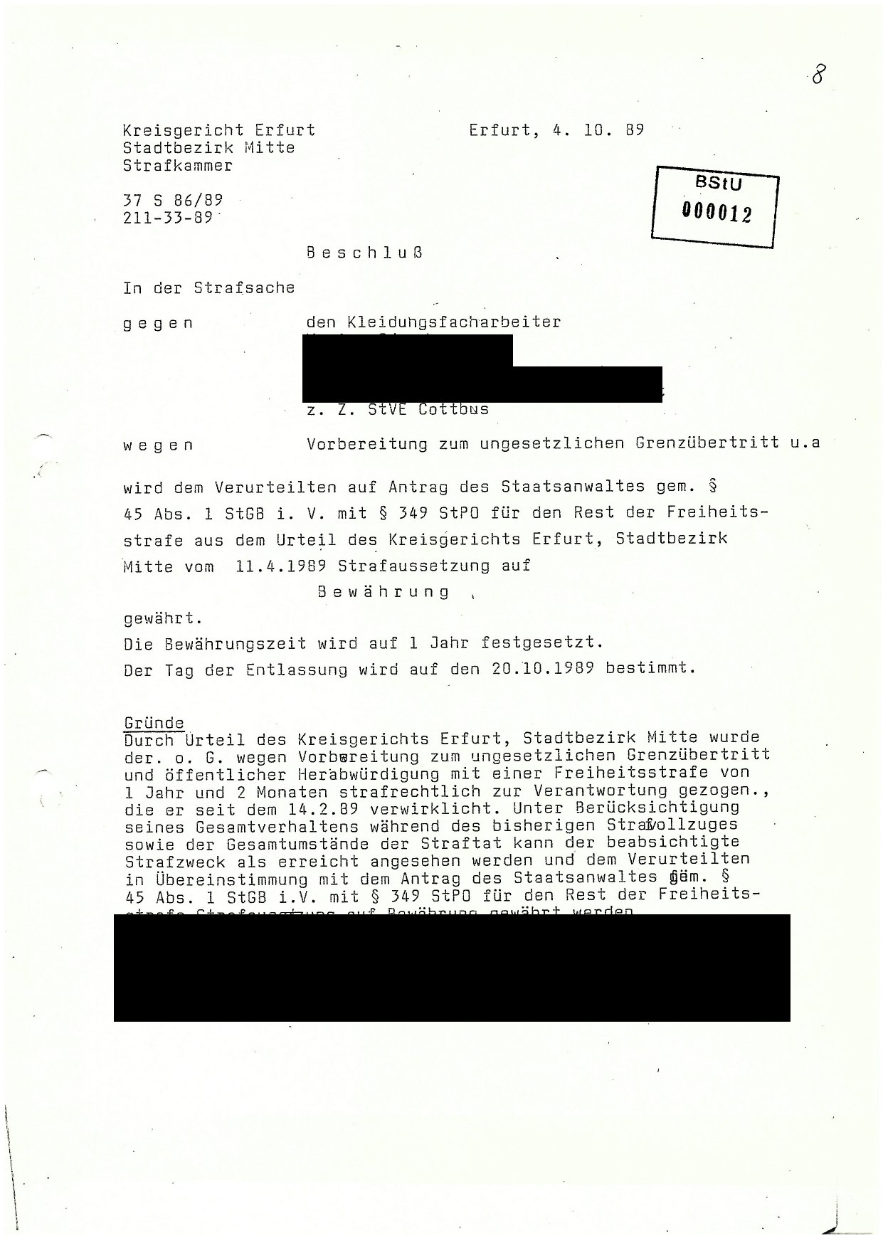 Az 1989. október 20-i szabadulási dátumot meghatározó bírósági végzés